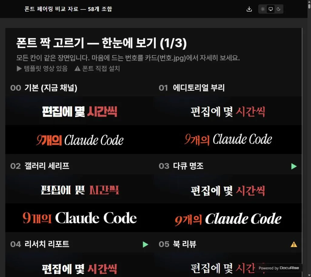 DocuRise 뷰어에서 폰트 페어링 비교 자료 58개 조합 PDF의 첫 쪽, 같은 자막을 여러 폰트 짝으로 비교한 표가 보이는 화면