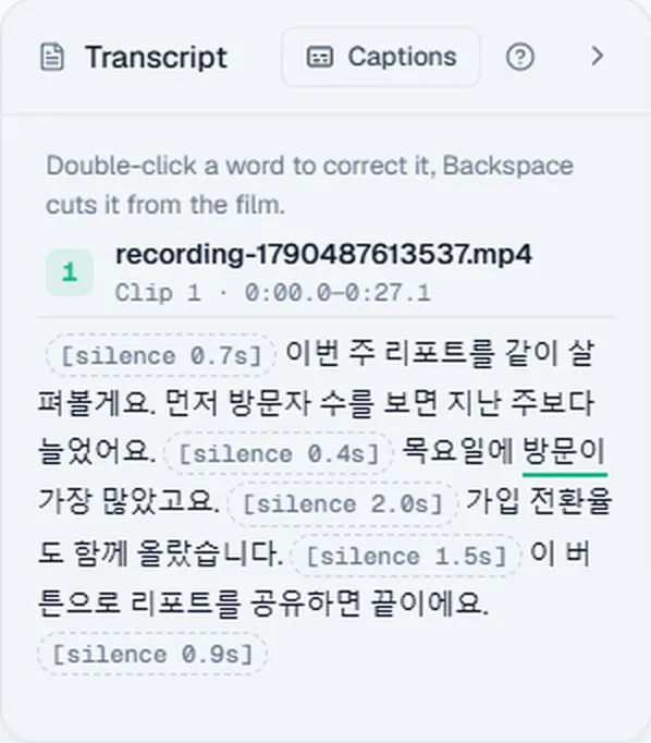 받아 적힌 문장 사이에 말 없는 구간이 silence 칩으로 표시된 OpenScreen 받아쓰기 패널