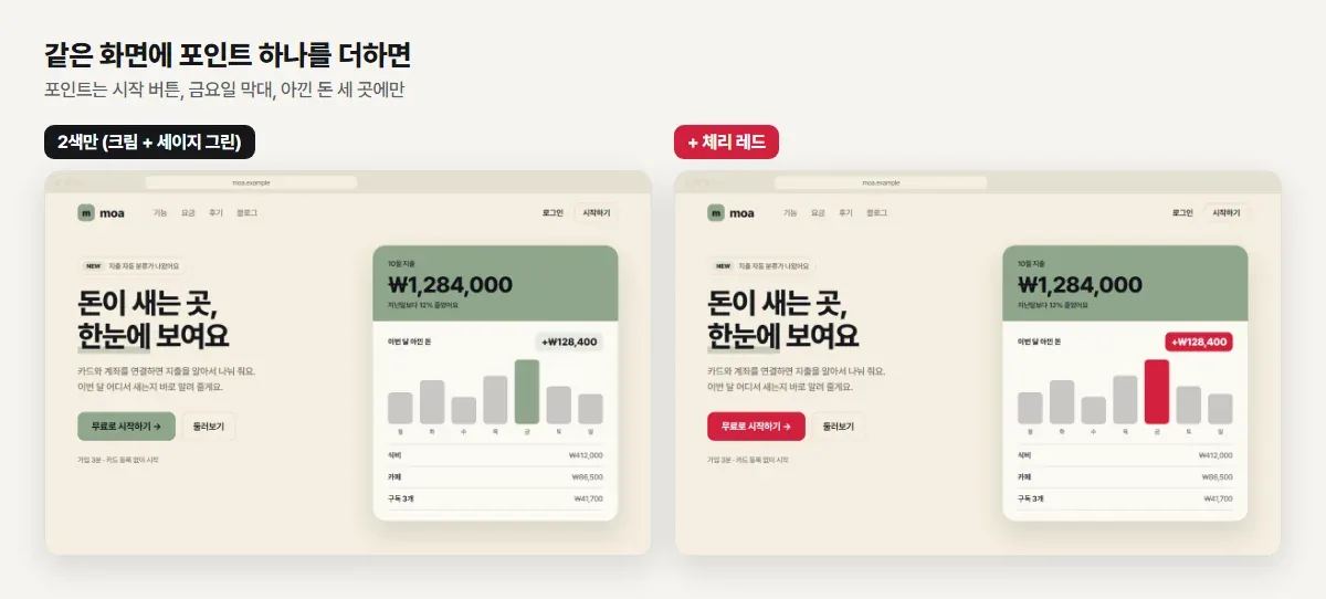 크림과 세이지 그린 화면에 체리 레드 포인트를 더한 전후 비교