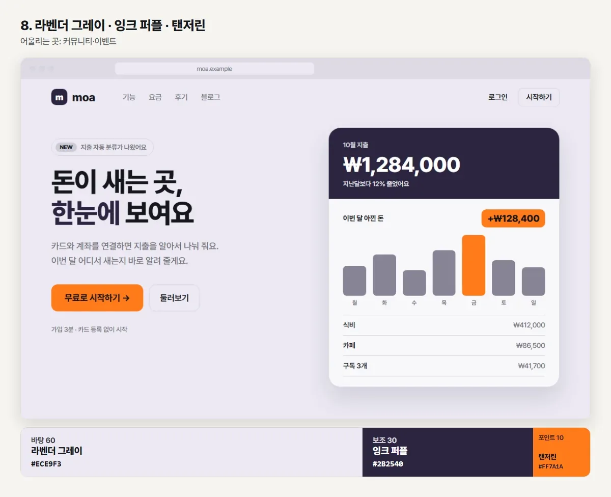 8번 라벤더 그레이, 잉크 퍼플, 탠저린 조합