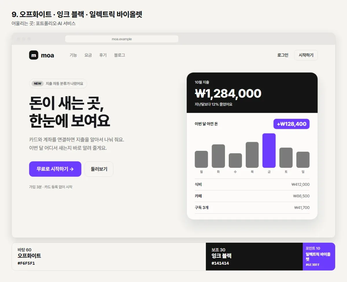 9번 오프화이트, 잉크 블랙, 일렉트릭 바이올렛 조합