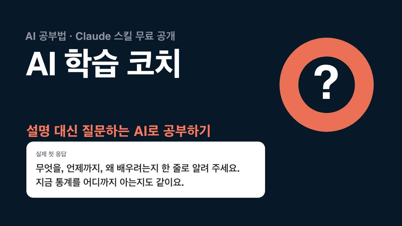 남색 배경에 AI 학습 코치라는 제목과 물음표 아이콘, 코치의 실제 첫 응답 '무엇을, 언제까지, 왜 배우려는지 한 줄로 알려 주세요'를 담은 대표 이미지