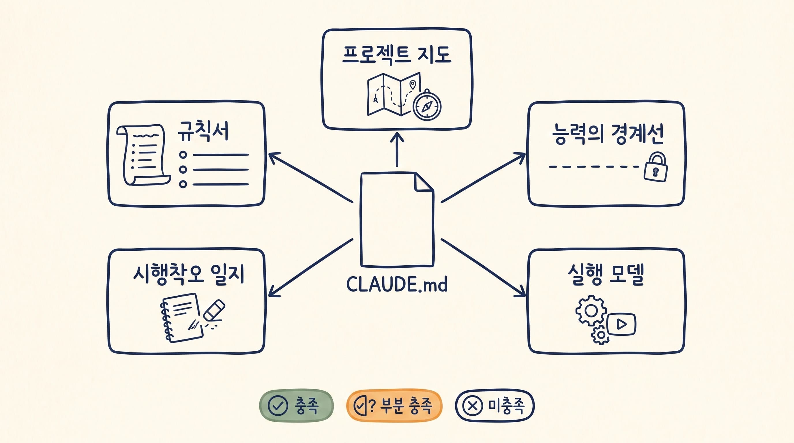 CLAUDE.md 진단 기준 5가지 도해: 프로젝트 지도, 규칙서, 능력의 경계선, 시행착오 일지, 실행 모델