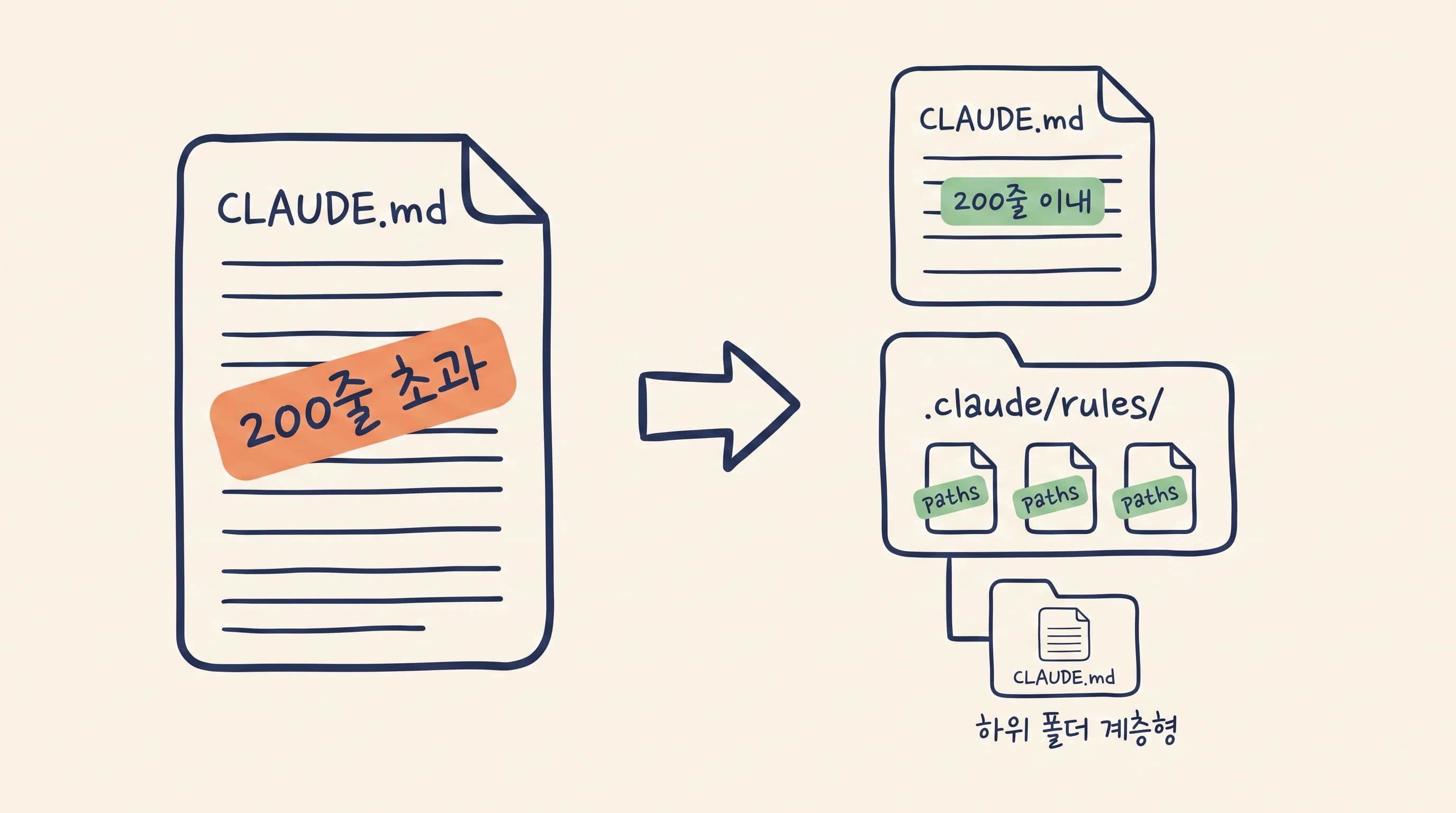CLAUDE.md 구조 점검 도해: 200줄 룰, .claude/rules/ 분리, 하위 폴더 계층형 CLAUDE.md