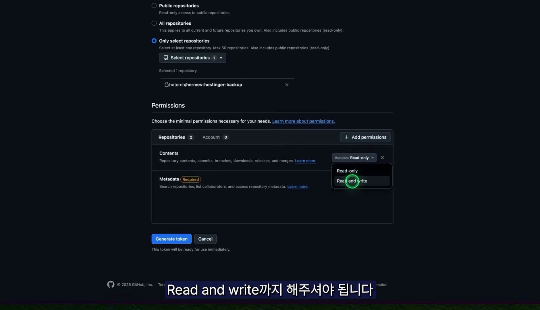 GitHub fine-grained token 권한 최소화 설정, Only select repositories와 Contents Read and write