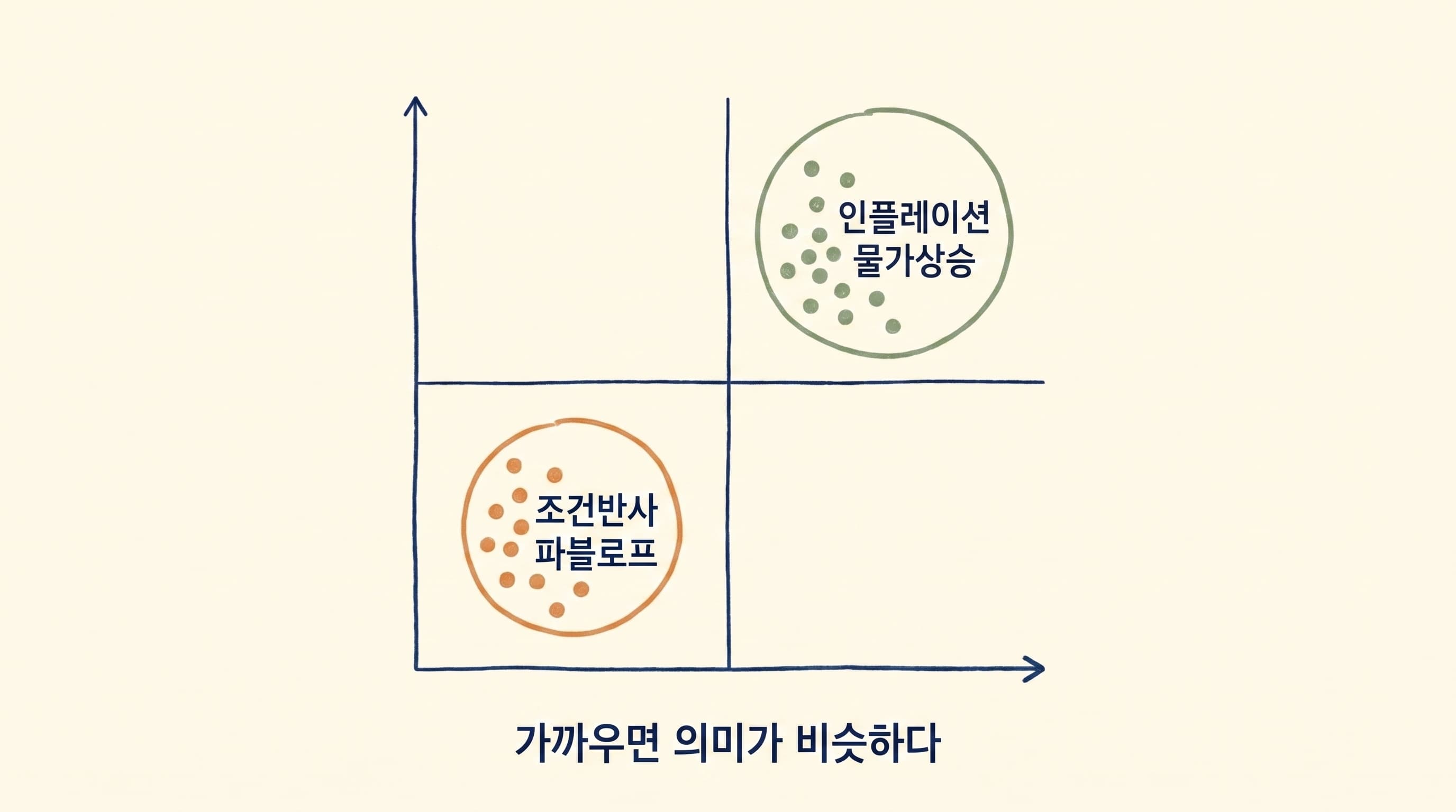 임베딩 2D 시각화: 의미가 비슷한 단어끼리 좌표상 가까이 모이는 모습