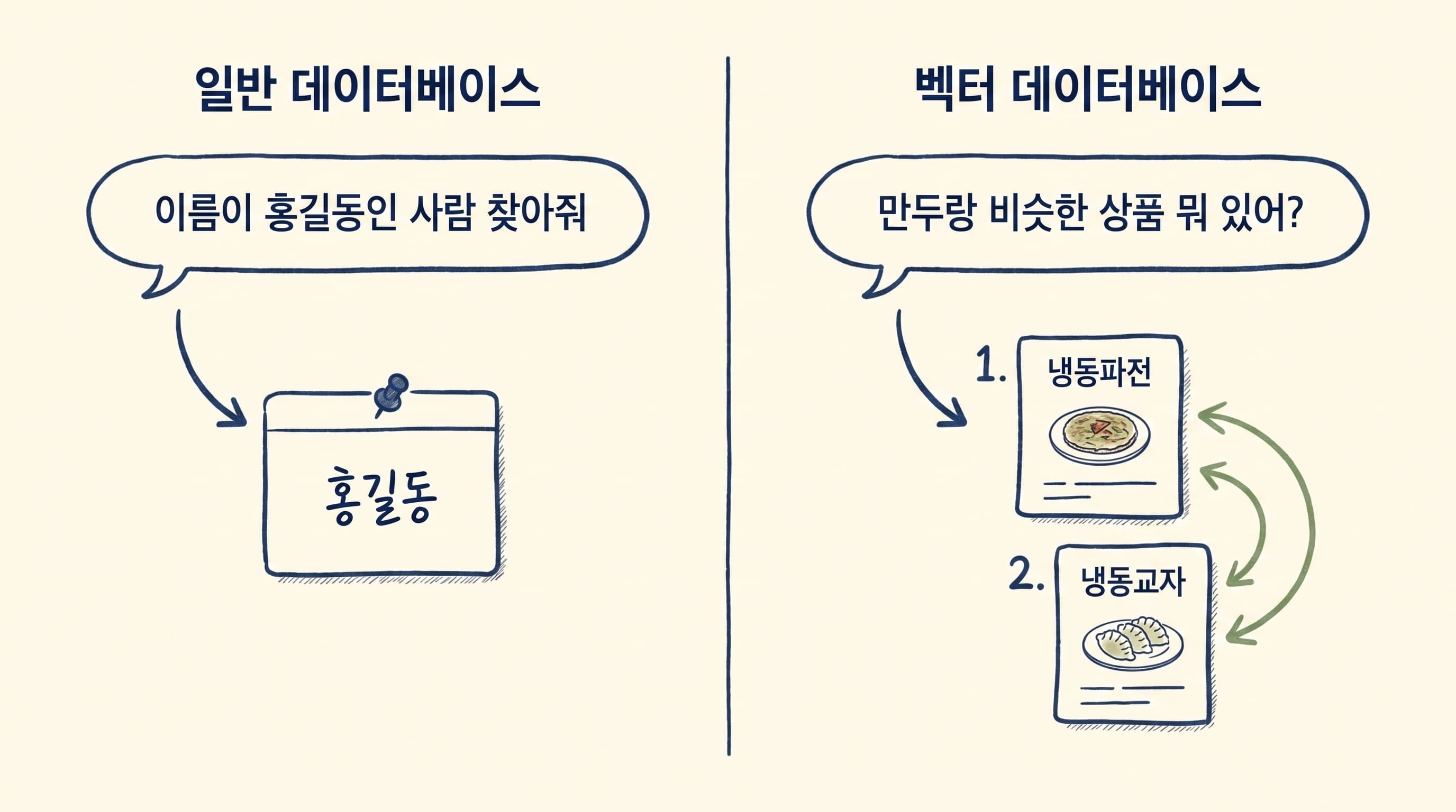 일반 데이터베이스의 조건 검색과 벡터 데이터베이스의 유사도 검색 비교