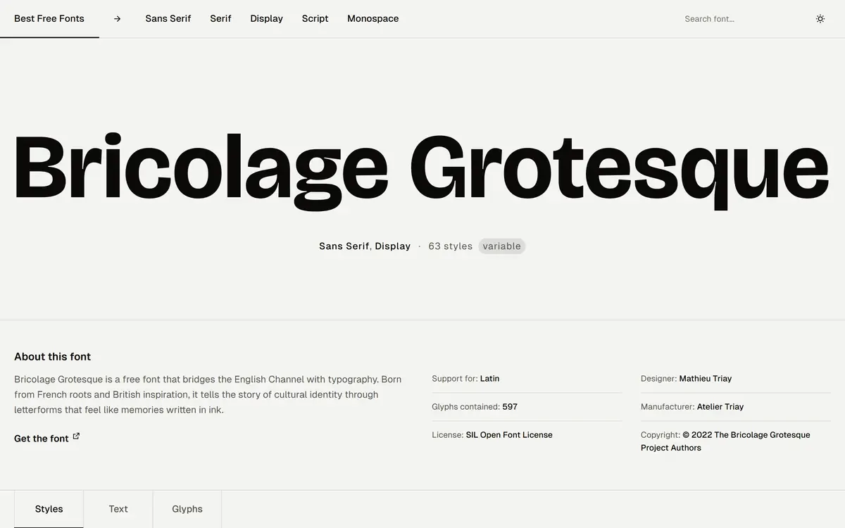 Best Free Fonts 상세 페이지의 라이선스·지원 문자 정보