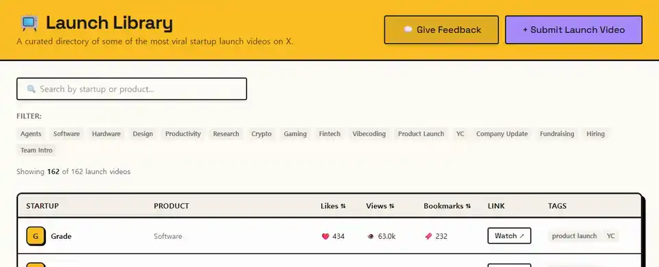 Launch Library에서 북마크 정렬 후 Vibecoding 필터를 적용하는 모습